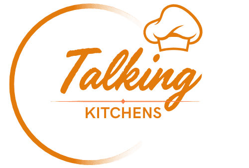 Talking Kitchens logo with bold text and stylized orange flame icon.