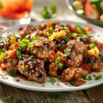 Freshly cooked Black Pepper Chicken on a white plate with jasmine rice, garnished with green onions and bell peppers, served with a non-alcohol cocktail and strawberry crunch salad.