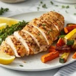 Sliced juicy chicken breast on a rustic wooden cutting board, garnished with thyme and lemon, served with roasted vegetables and olive oil.