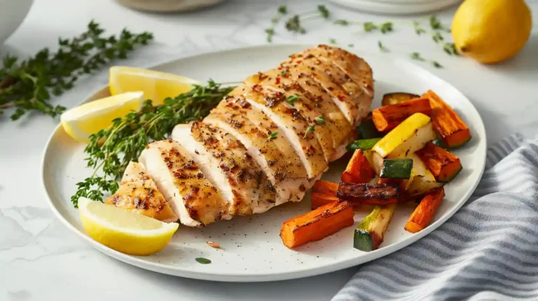 Sliced juicy chicken breast on a rustic wooden cutting board, garnished with thyme and lemon, served with roasted vegetables and olive oil.