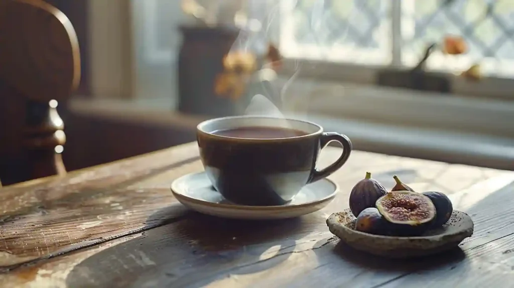 Steaming cup of English coffee with roasted figs on a small plate beside it, soft morning light through a window, warm tones, and a cozy, inviting atmosphere.