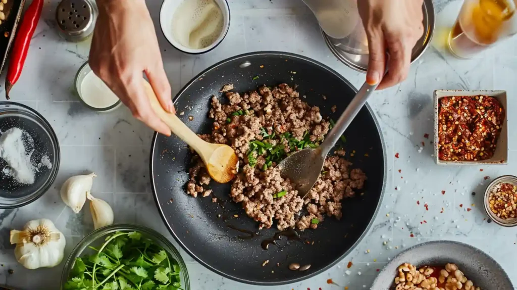 Overhead shot of a Mongolian-inspired meal with ground beef, grilled meats, dumplings, and vegetables on a rustic wooden table.