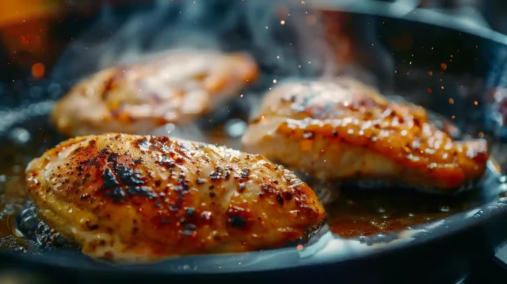 Juicy chicken breast cooking in a cast-iron skillet with sizzling oil and golden crust, meat thermometer inserted, steam rising.