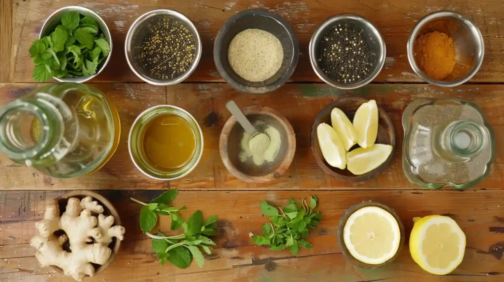 Top-down view of Jaljeera ingredients including cumin, black salt, ginger powder, mint, and coriander with lemon wedges and a mixing glass on a rustic wooden table.
