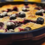 Freshly baked blueberry buttermilk pancake casserole in a blue ceramic dish, topped with whole blueberries and powdered sugar.