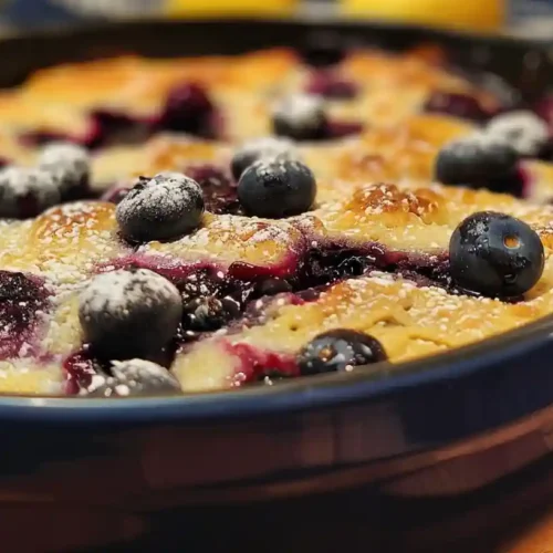 Freshly baked blueberry buttermilk pancake casserole in a blue ceramic dish, topped with whole blueberries and powdered sugar.