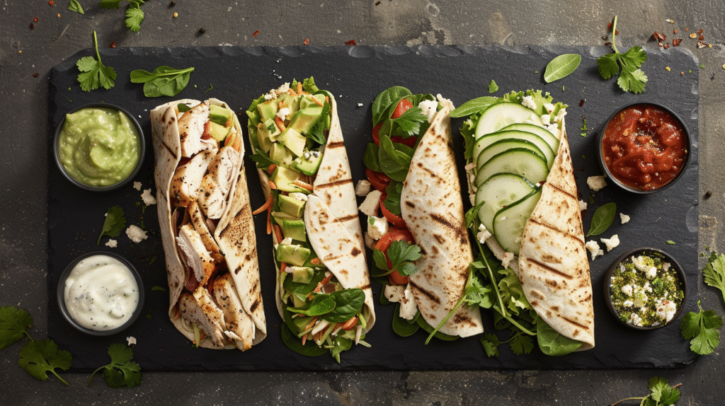 Overhead view of four different Chicken Wraps on a slate platter, each filled with varied fresh ingredients, surrounded by small bowls of sauces and garnished with cilantro.
