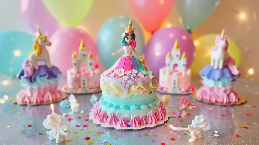 Colorful princess birthday cake with a fondant doll topper, unicorn decorations, and pastel castle cakes in the background.