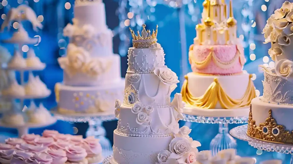 Elegant princess birthday cakes decorated with crowns, pearls, and royal-inspired fondant details on glass stands.