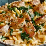Creamy chicken sausage orzo in a bowl, topped with spinach and herbs, served in a rustic dish with rich, creamy sauce and seared sausage slices.