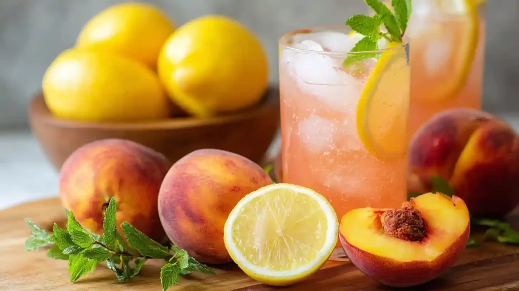 A refreshing glass of peach lemonade with lemon slice and mint, surrounded by fresh peaches, lemons, and mint leaves on a wooden board.