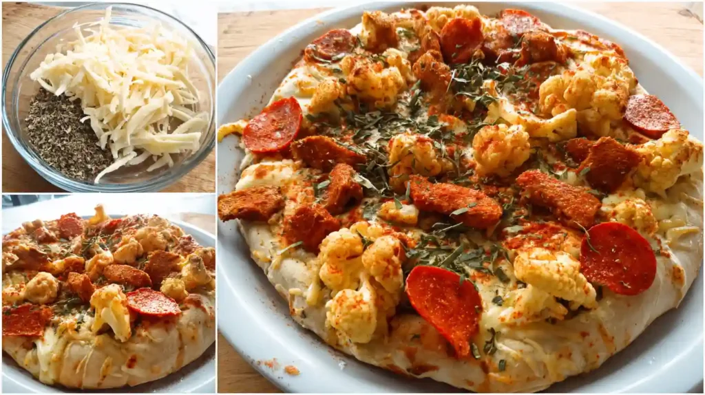 Homemade pizza monkey bread topped with pepperoni, roasted cauliflower, crispy chicken bites, shredded cheese, and dried herbs.