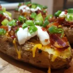 Loaded baked potatoes topped with crispy bacon, sour cream, melted cheddar cheese, and chopped green onions on a wooden board.