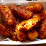 Crispy Nashville hot mozzarella sticks in a white bowl, garnished with herbs and spices, with melted cheese visible inside.