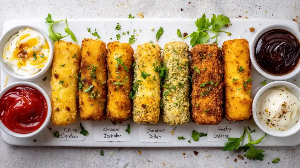 Assorted mozzarella sticks with various coatings arranged on a platter, served with multiple dipping sauces and garnished with fresh herbs.