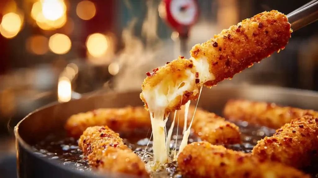 Spicy Nashville hot mozzarella stick being lifted from hot oil, with melted cheese stretching and crispy coating glistening.