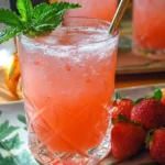 Refreshing strawberry agua fresca in a crystal glass, garnished with fresh mint, served with whole strawberries on a ceramic plate.