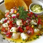 Classic ceviche of citrus-cured white fish, diced tomato, red onion, herbs, and corn, served with lime wedges and tortilla chips.
