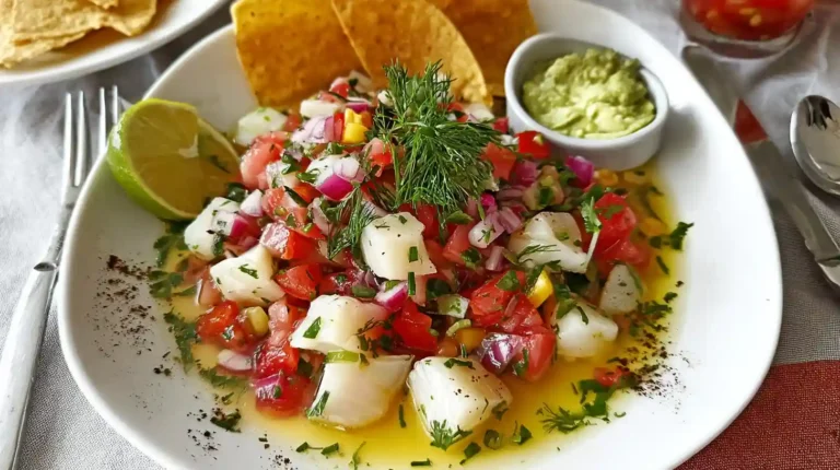 Classic ceviche of citrus-cured white fish, diced tomato, red onion, herbs, and corn, served with lime wedges and tortilla chips.