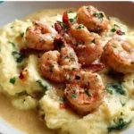 Garlic shrimp served over creamy mashed potatoes with herbs and sauce in a white bowl.