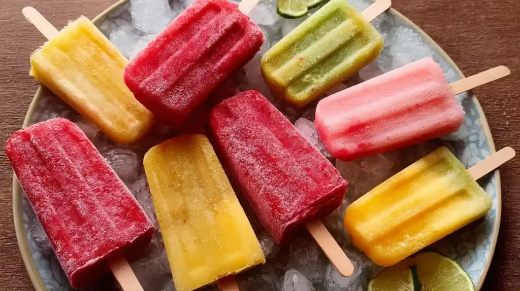 Colorful Mexican paletas made from real fruit, displayed on a plate of ice for a refreshing summer treat.