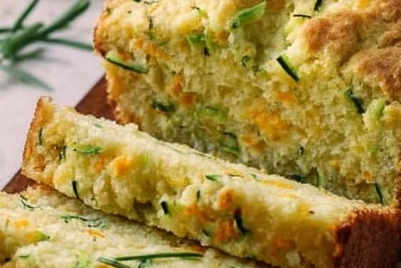 Cheddar garlic zucchini bread slice on a plate with herbs.