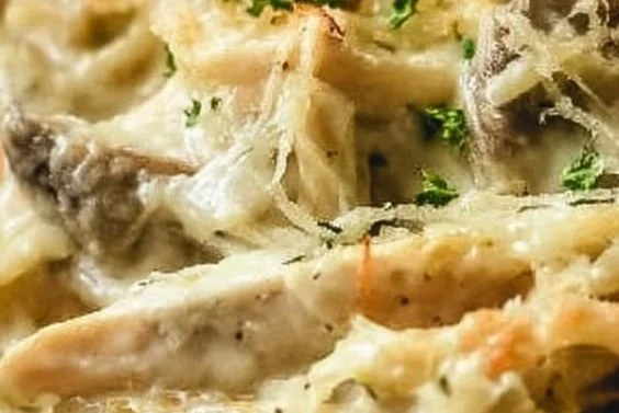 Creamy Chicken Tetrazzini pasta dish with mushrooms and cheese