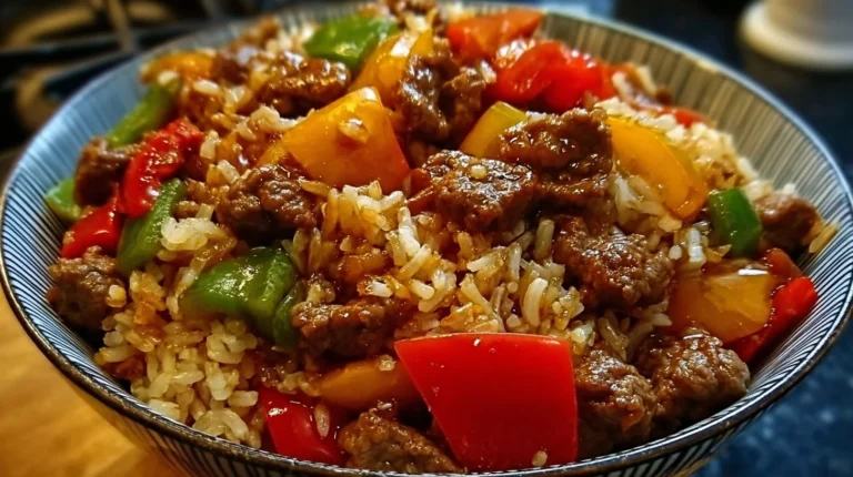 Healthy beef and pepper rice bowl topped with fresh vegetables and herbs.